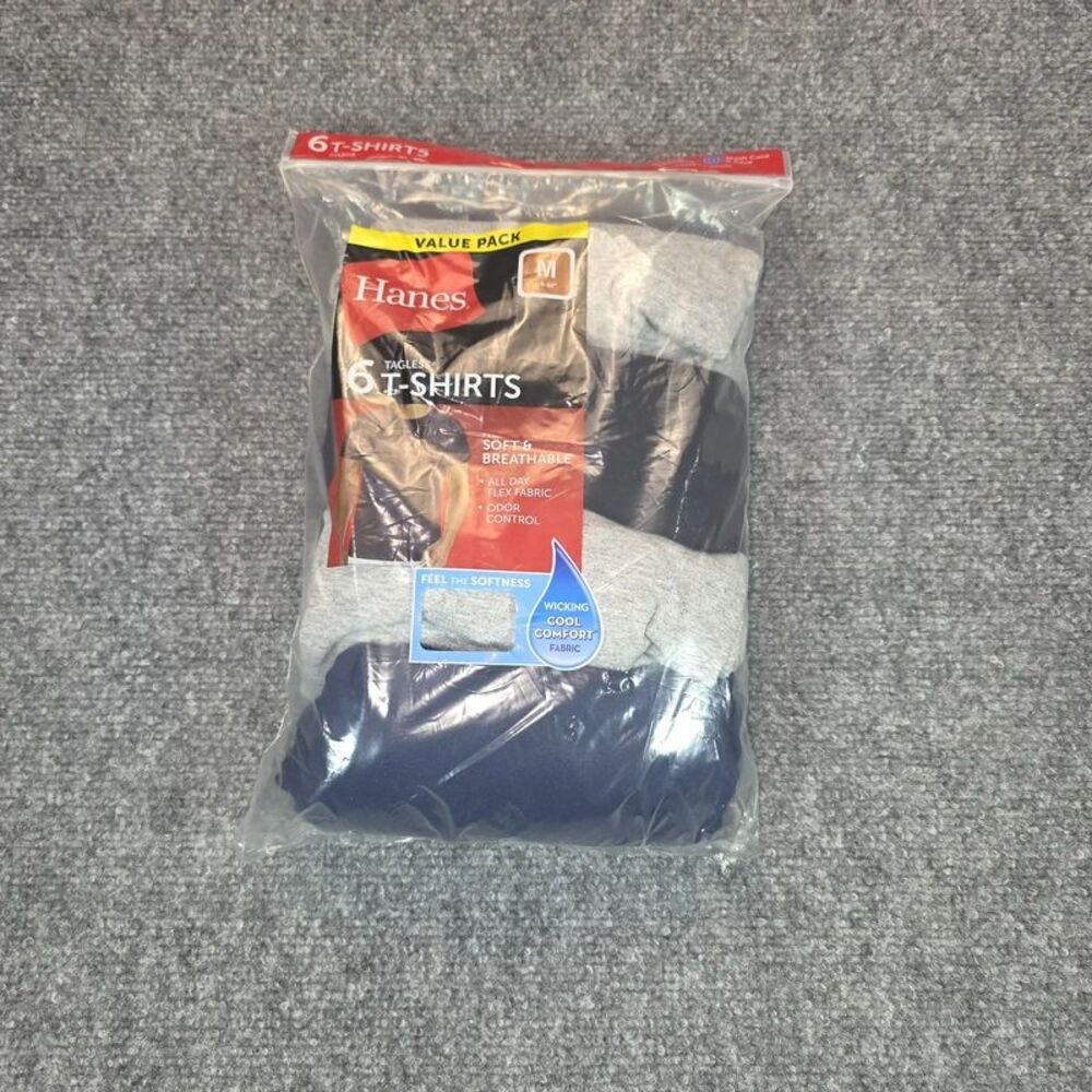 Men’s 6-Pack Tagless Crewneck T-Shirts Size Medium Gray Black Navy